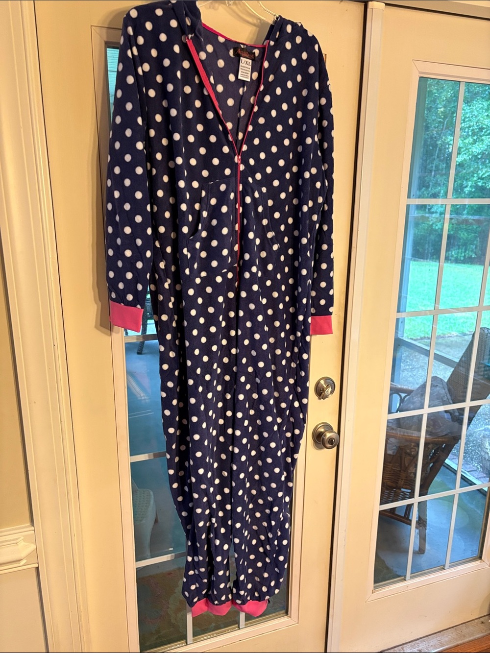Angelina Navy and White Polka Dot Pajama Jumper with Pink Trim L/XL